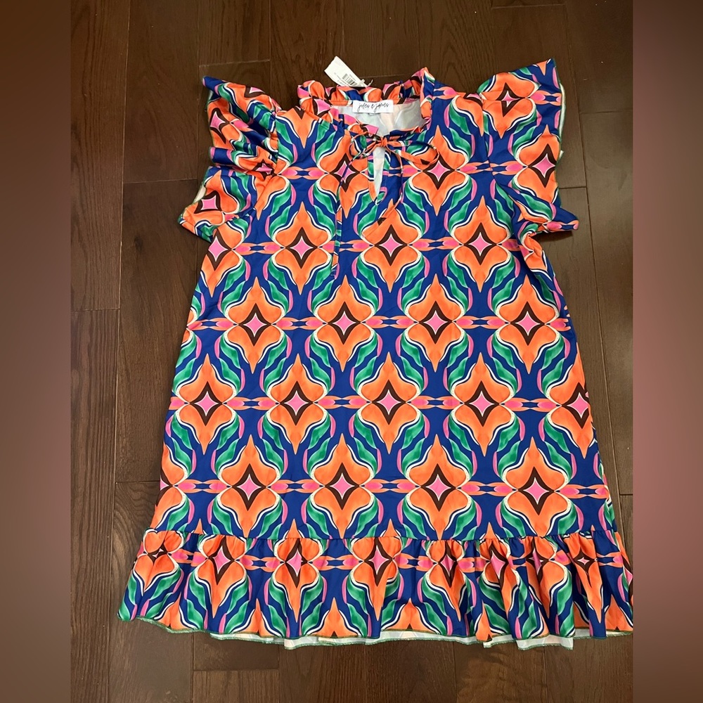 NWT Jules & James Original Bold Abstract Dress – Blue, Green, Pink & Orange